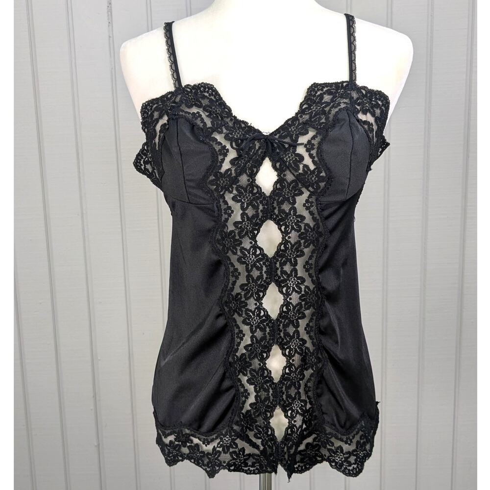 Vintage 70s Glydons Hollywood Nylon Black Floral Lace Keyhole Slip Cami Medium